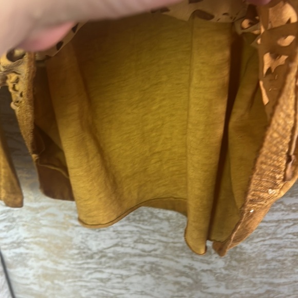 Unique Marigold Color Lace Eyelet Sequin’s Long Sleeve Blouse - Picture 8 of 13